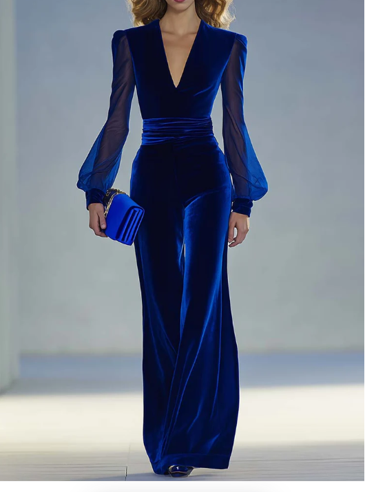 Vintage Elegant And Exquisite V-neck Mesh Long-sleeved Royal Blue Velvet Jumpsuit