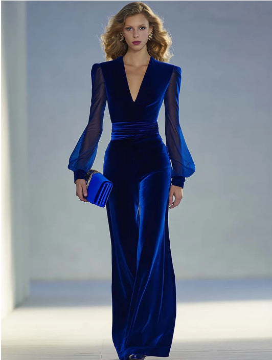 Vintage Elegant And Exquisite V-neck Mesh Long-sleeved Royal Blue Velvet Jumpsuit