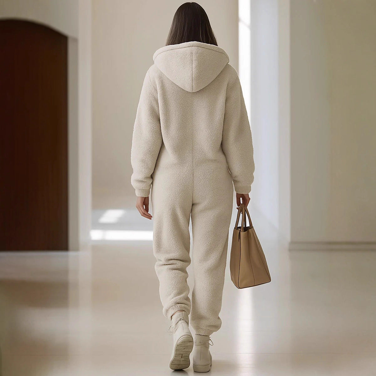 Casual Loose Vintage Polar Fleece Pocket Zipper Hooded Jumpsuit