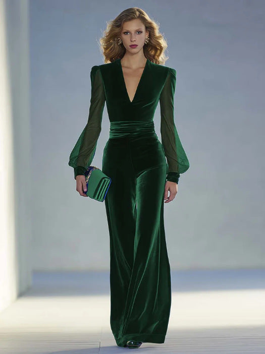 Vintage Elegant And Exquisite V-neck Mesh Long-sleeved Royal Blue Velvet Jumpsuit