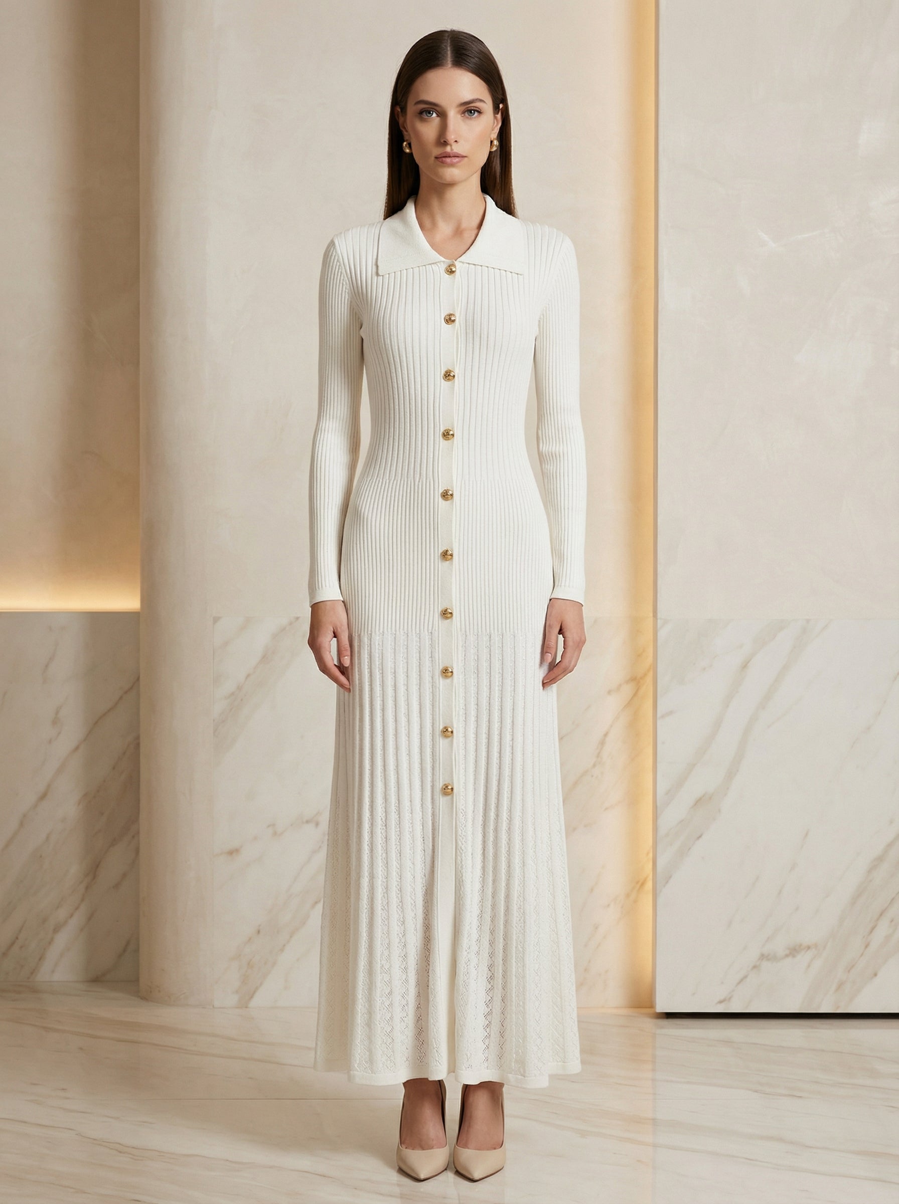 Luxury Polo Collar Knitted Maxi Dress – Refined Slim Silhouette