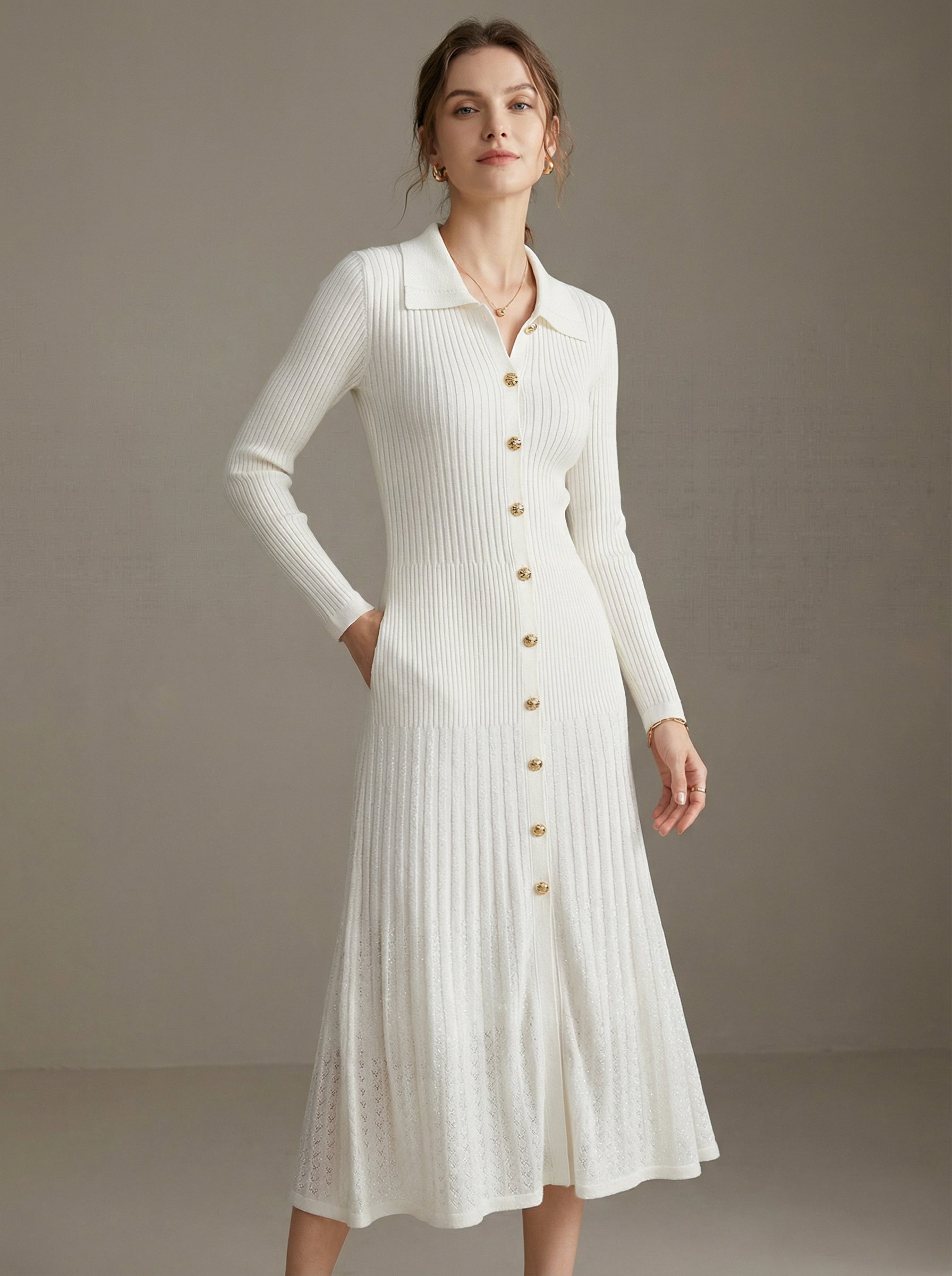 Luxury Polo Collar Knitted Maxi Dress – Refined Slim Silhouette