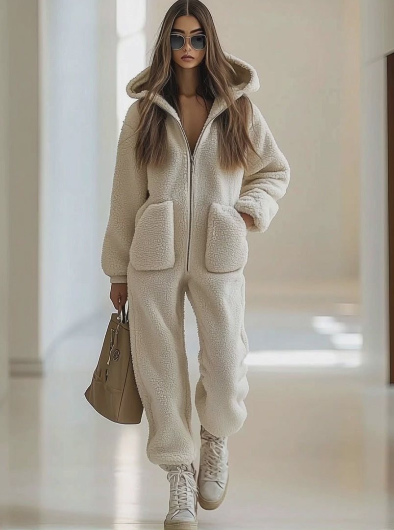 Casual Loose Vintage Polar Fleece Pocket Zipper Hooded Jumpsuit